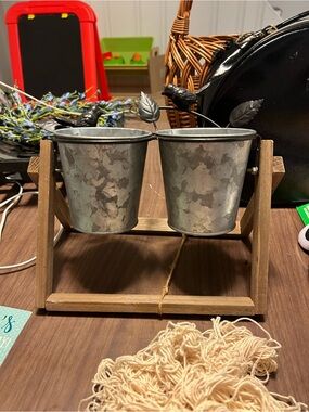 Galvanized Double Planter with Wooden Stand - Silver